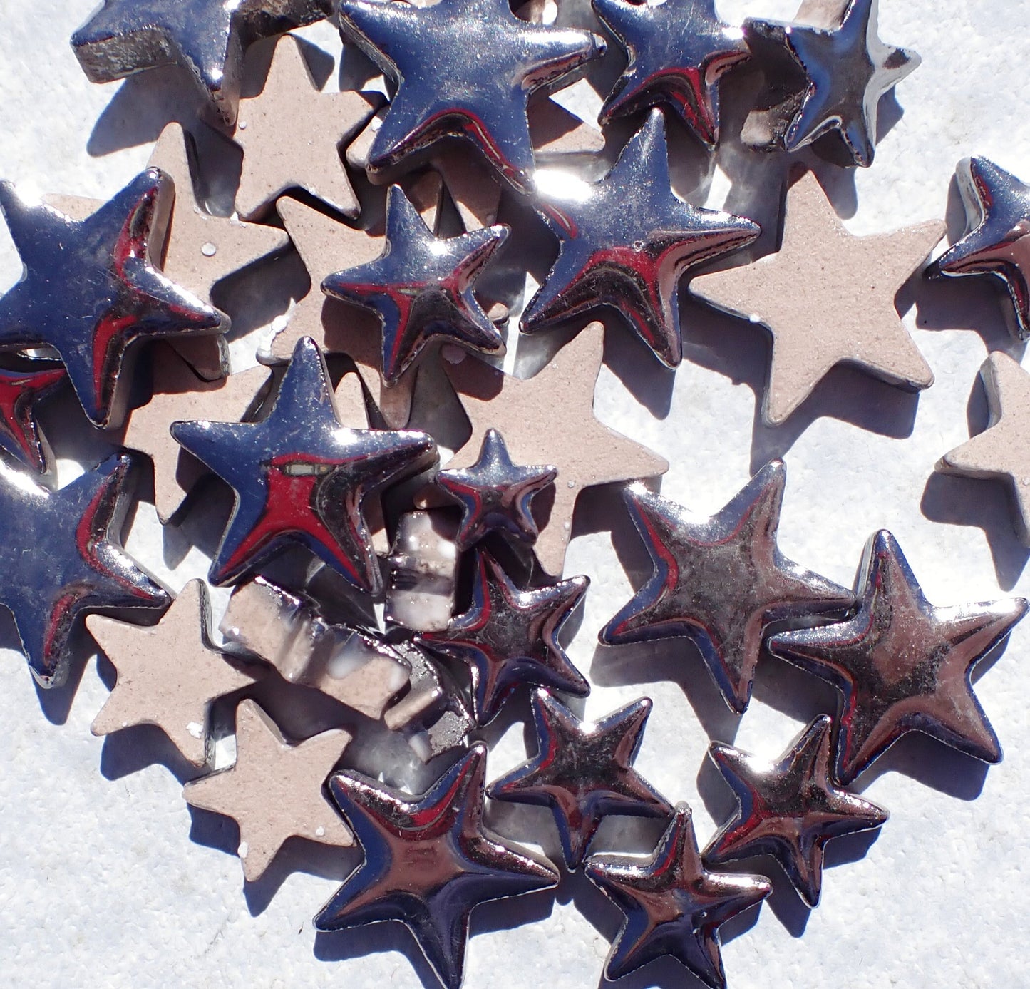 Silver Stars Mosaic Tiles - 50g Ceramic in Mix of 3 Sizes - 20mm, 15mm, 10mm