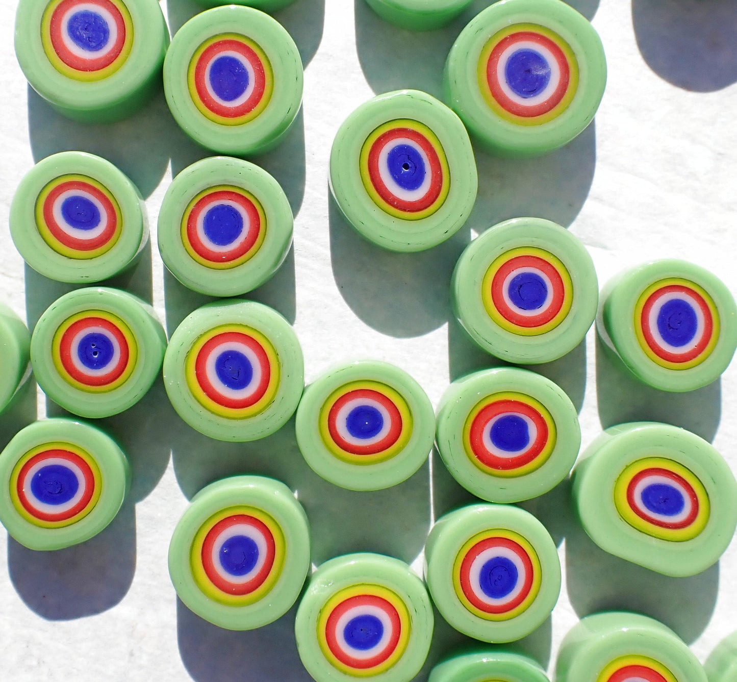 Green with Yellow and Blue Millefiori - 25 grams - Unique Opaque Mosaic Glass Tiles