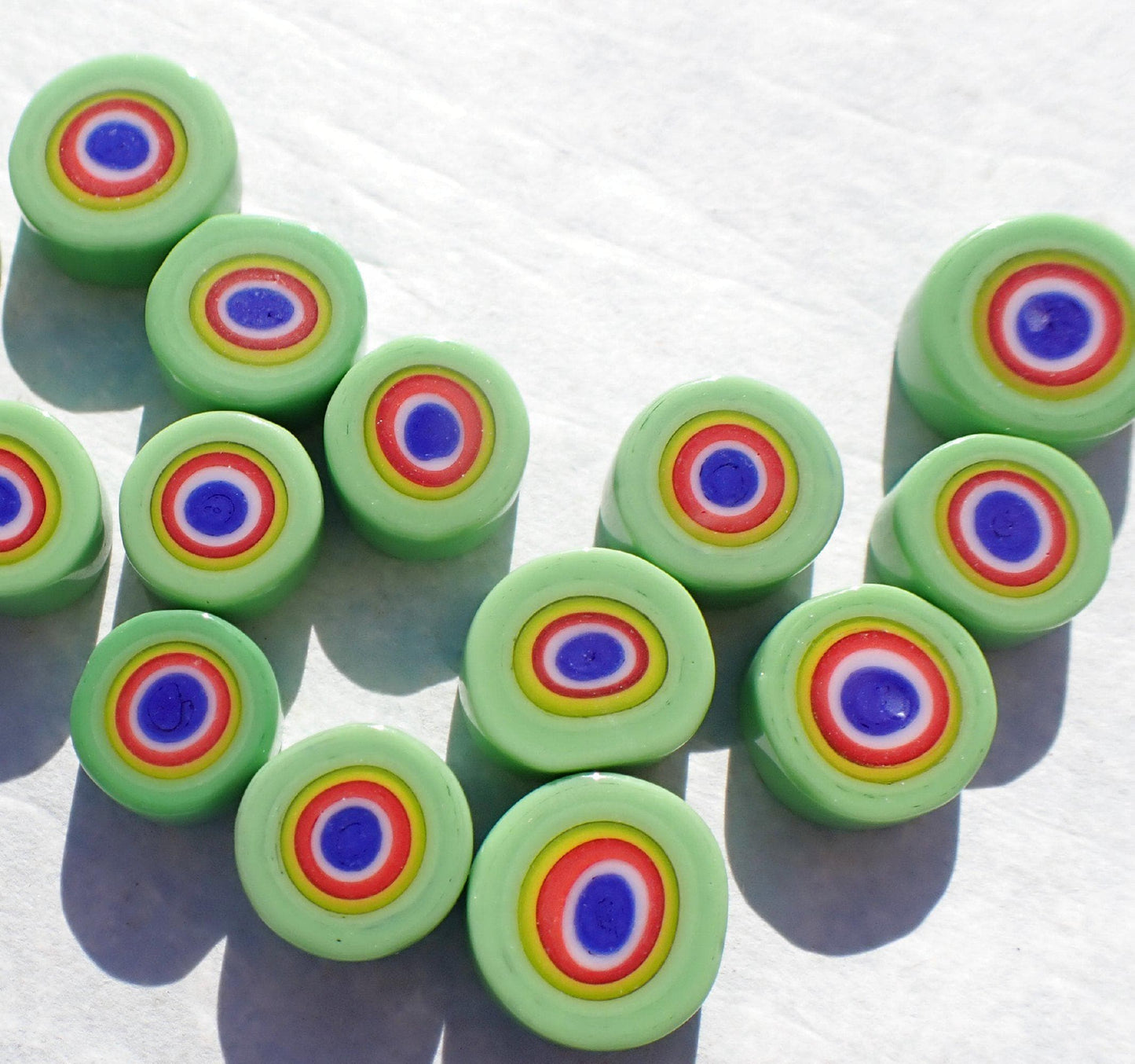 Green with Yellow and Blue Millefiori - 25 grams - Unique Opaque Mosaic Glass Tiles