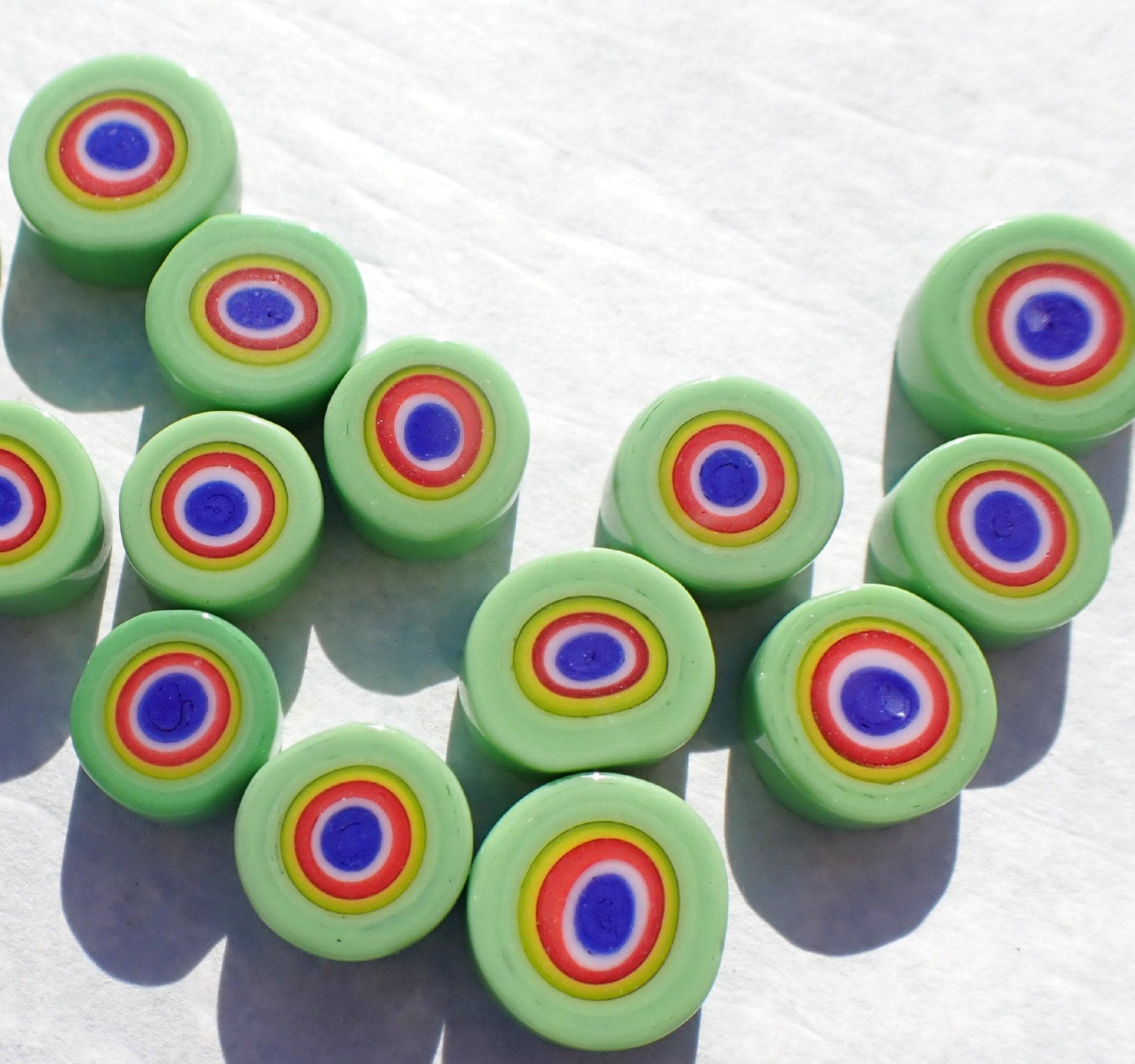 Green with Yellow and Blue Millefiori - 25 grams - Unique Opaque Mosaic Glass Tiles