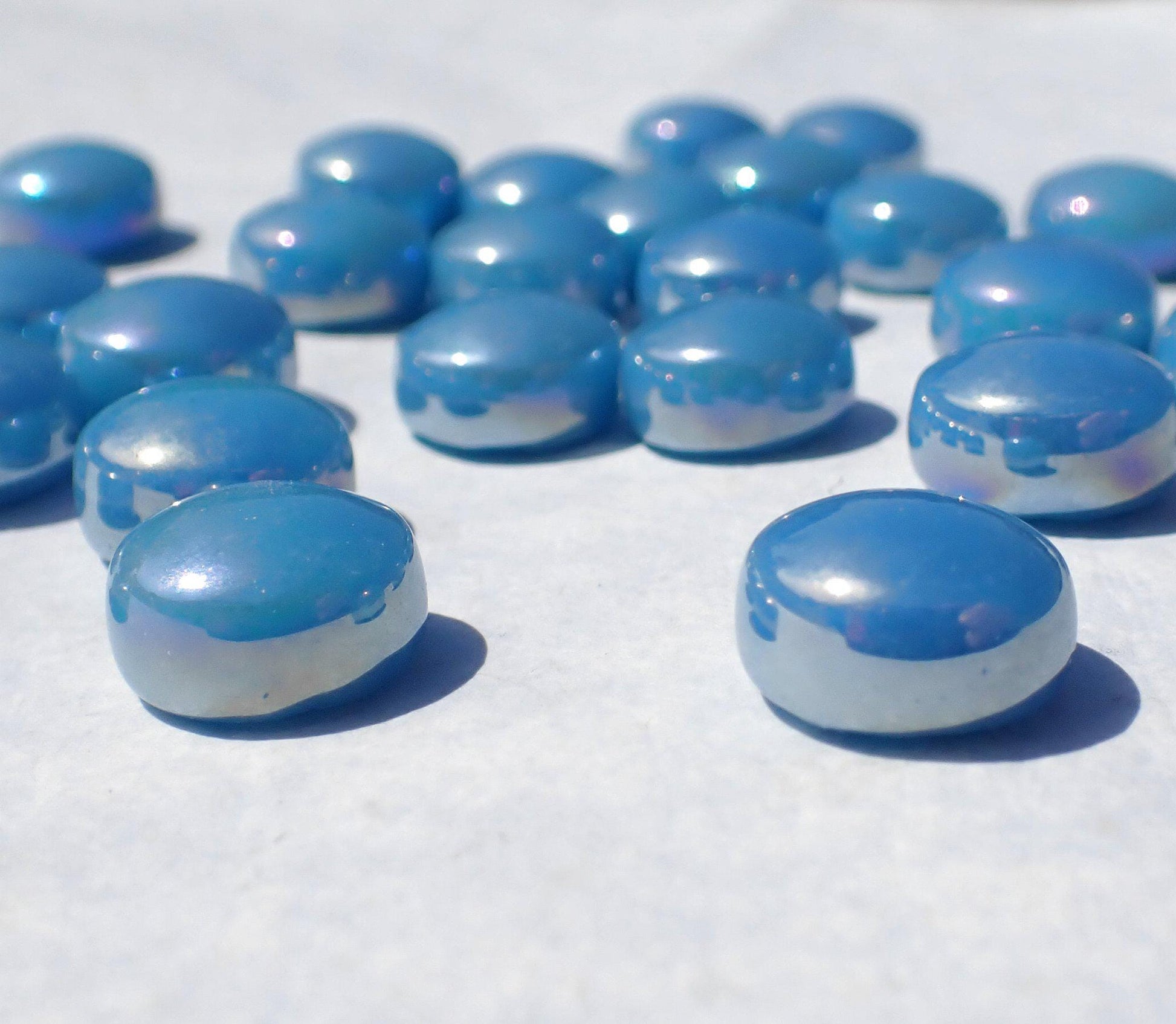 Lake Blue Iridescent Glass Drops Mosaic Tiles - 100 grams 12mm Glass Gems - Over 60 Tiles