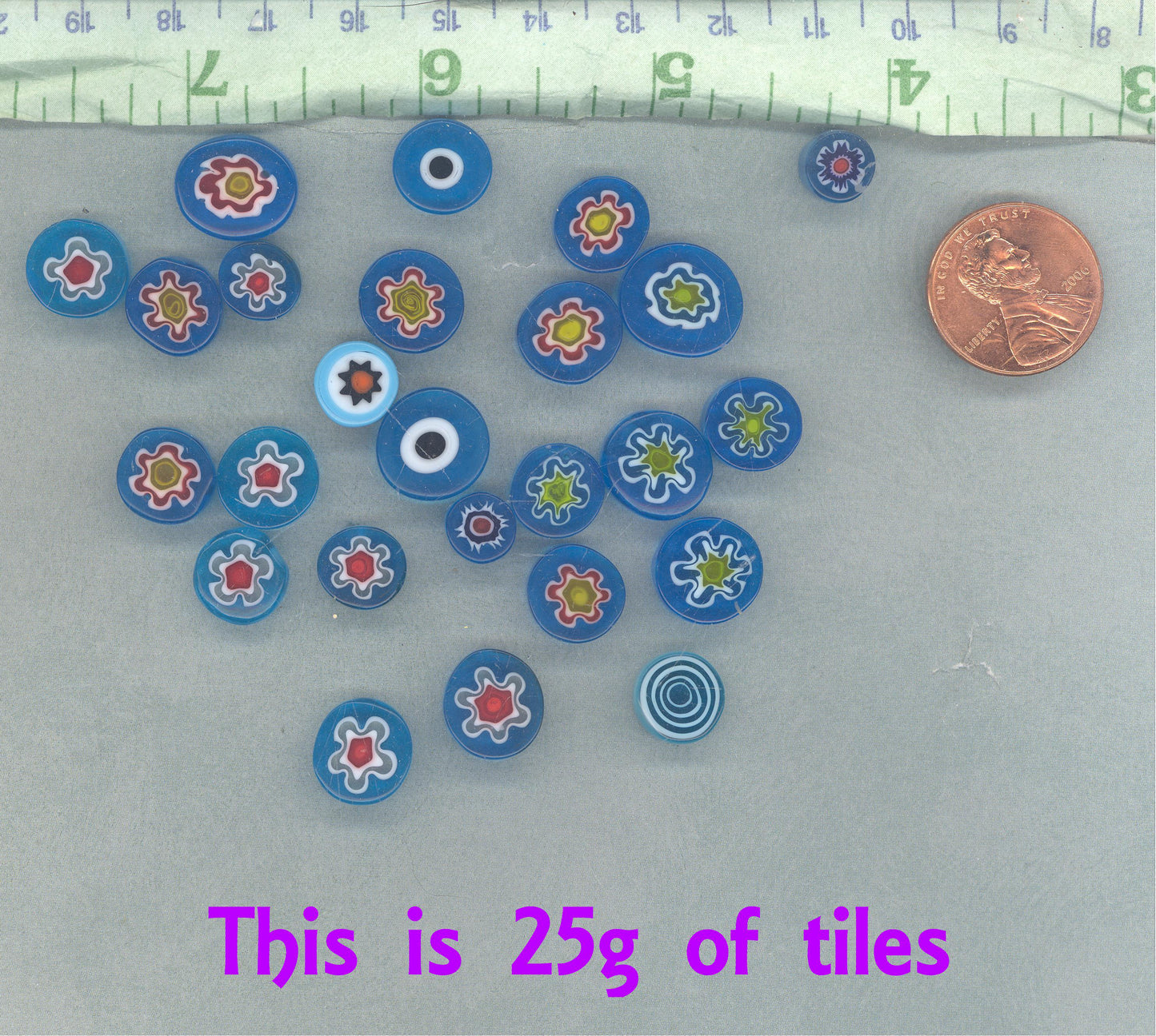 Turquoise Blue Mix Fused Millefiori - 25 grams - Unique Opaque Mosaic Glass Tiles