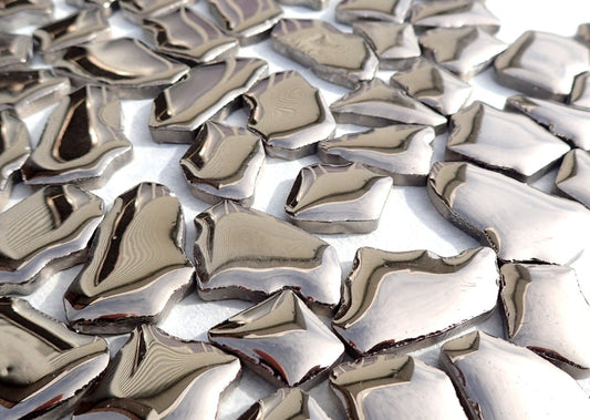 Shiny Silver Mosaic Ceramic Tiles - Random Shapes Metallic - 100g - Assorted Sizes Jigsaw Pieces