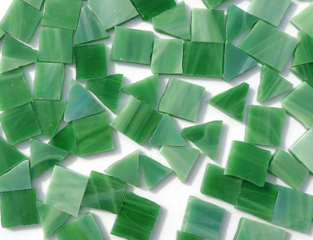 Stained Glass Mosaic Tiles in Fern Green - 1/2 Pound - Tumbled Glass in Shades of Pickle Green