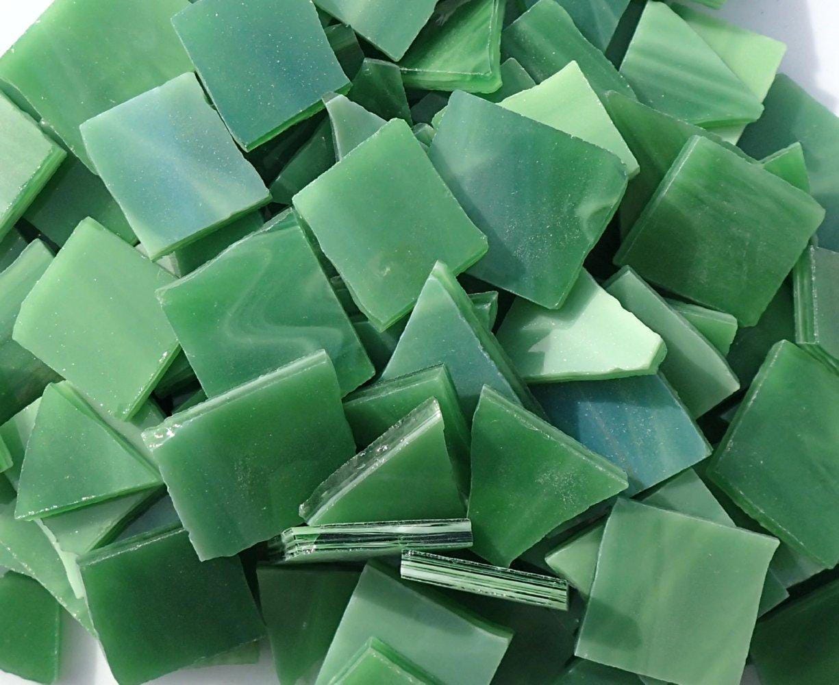 Stained Glass Mosaic Tiles in Fern Green - 1/2 Pound - Tumbled Glass in Shades of Pickle Green