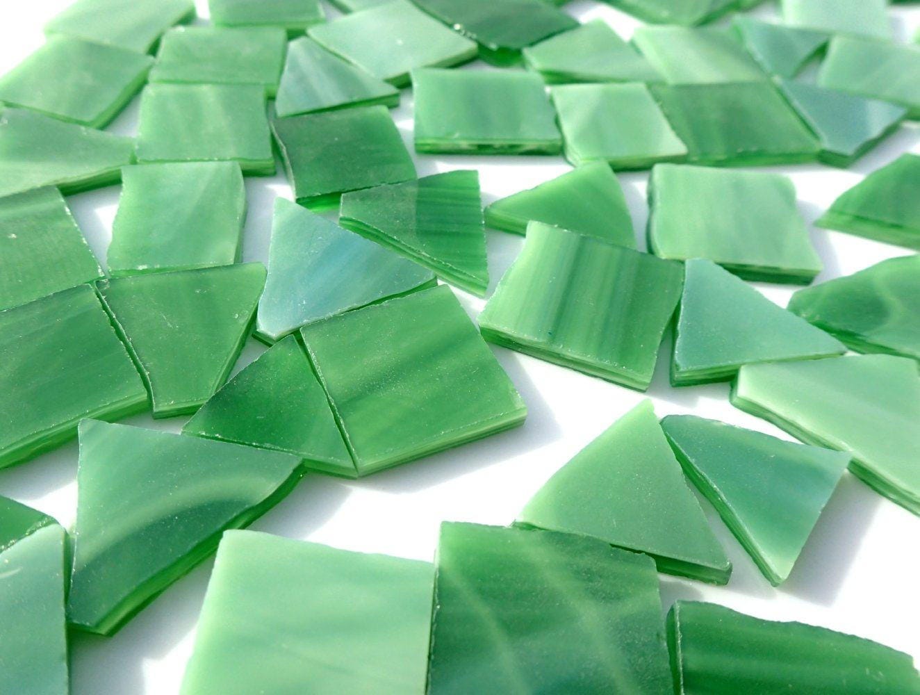Stained Glass Mosaic Tiles in Fern Green - 1/2 Pound - Tumbled Glass in Shades of Pickle Green