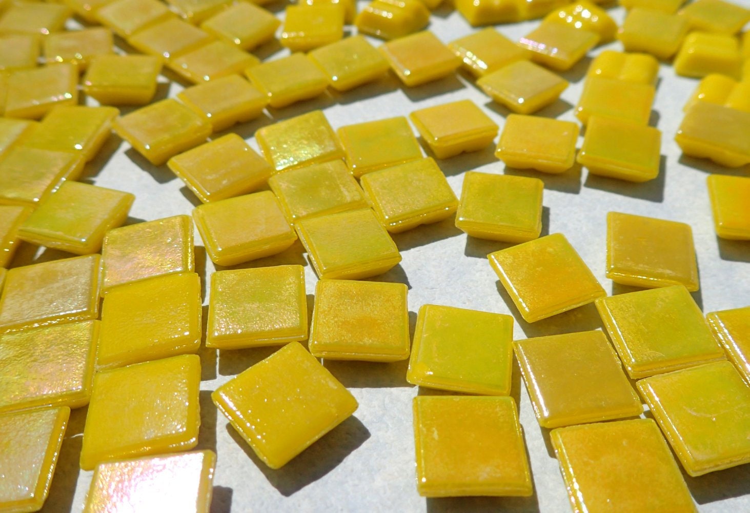 Lemon Yellow Iridescent Venetian Glass Tiles - 1 cm - Approx 3/8 inch - Mosaic Tiles - 100 grams