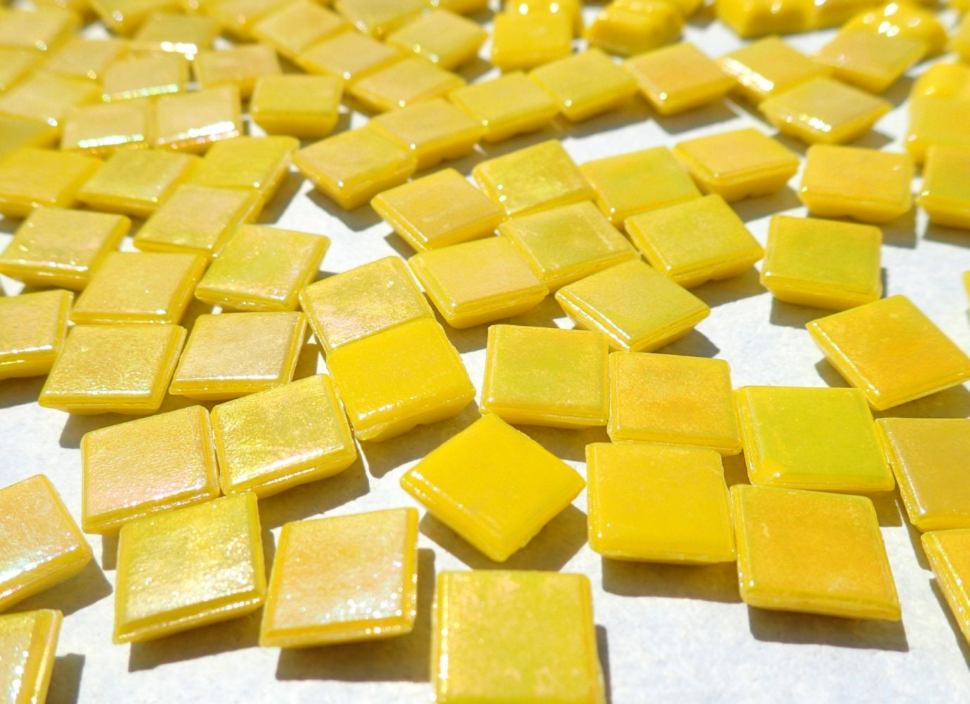 Lemon Yellow Iridescent Venetian Glass Tiles - 1 cm - Approx 3/8 inch - Mosaic Tiles - 100 grams