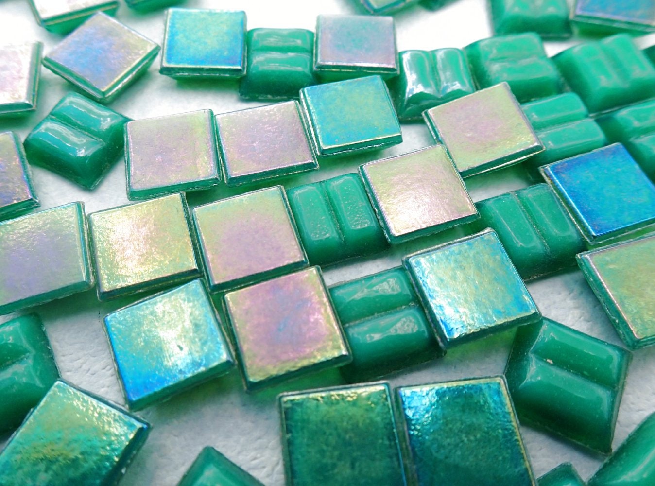 Rainforest Green Iridescent Venetian Glass Tiles - 1 cm - 100 grams - Approx 150 Tiles