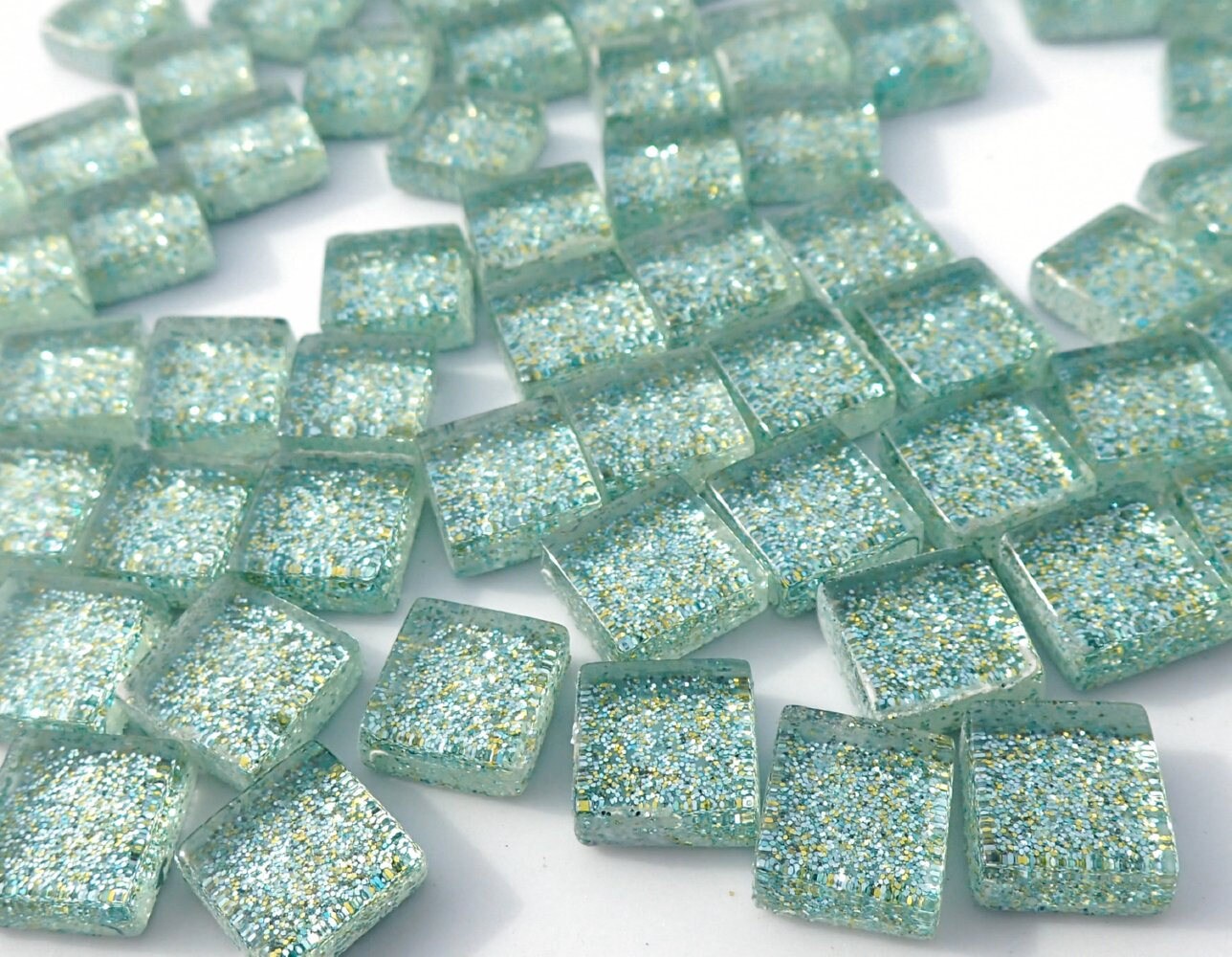 Jungle Green Glitter Tiles - 1 cm - 100g - Over 100 Metallic Small Glass Mosaic Tiles in Pale Green