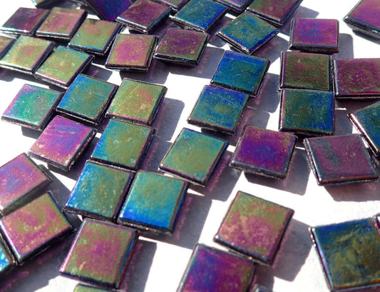 Black Iridescent Glass Tiles - 1 cm Squares - Mosaic Tiles - 100 grams