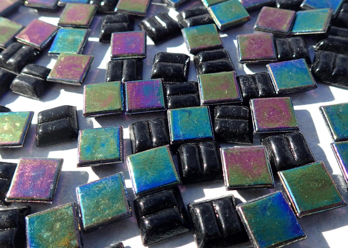 Black Iridescent Glass Tiles - 1 cm Squares - Mosaic Tiles - 100 grams