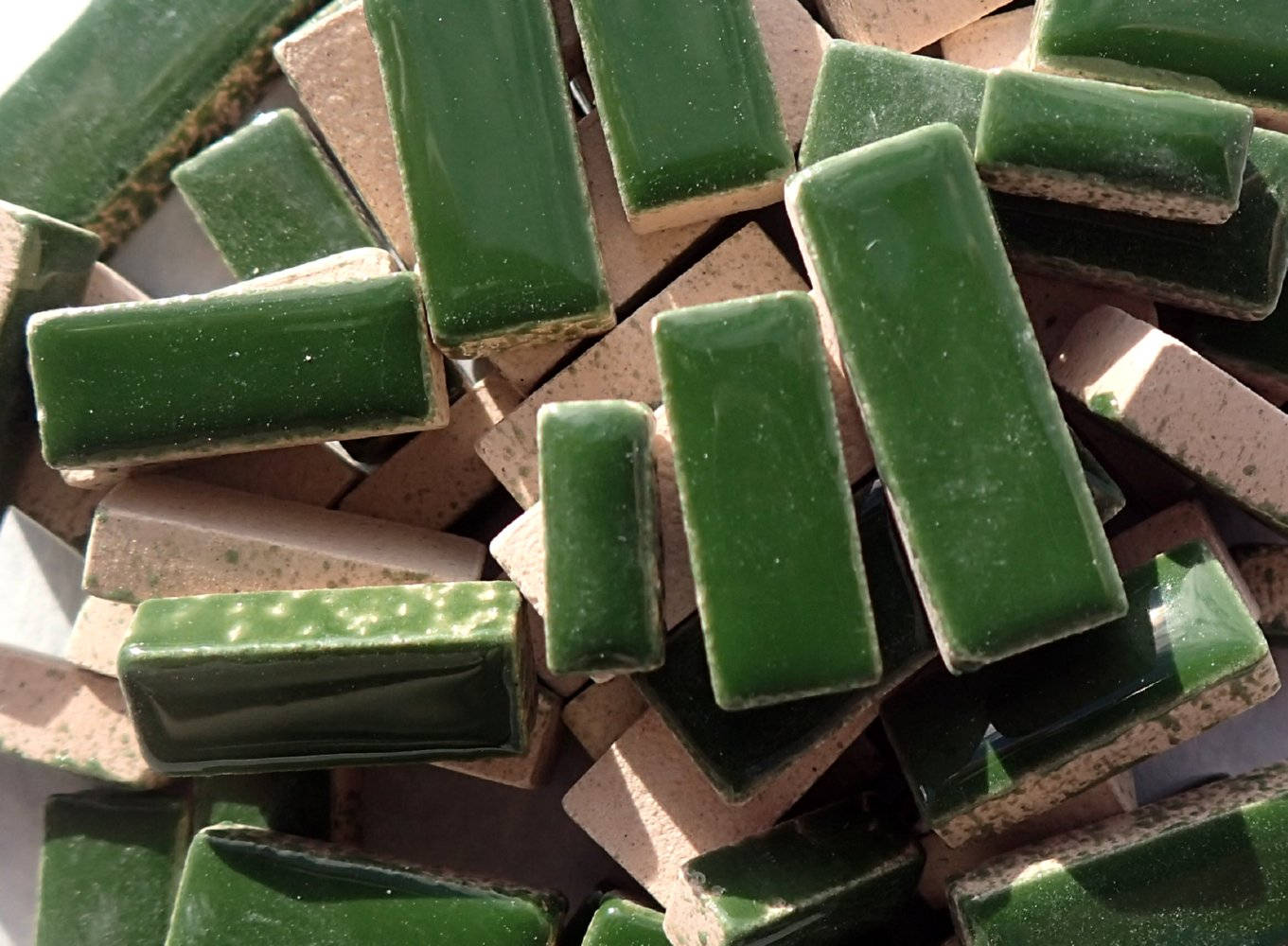 Deep Green Mini Rectangles Mosaic Tiles - 50g Ceramic in Mix of 3 Sizes 1/2" and 3/4" in Pesto