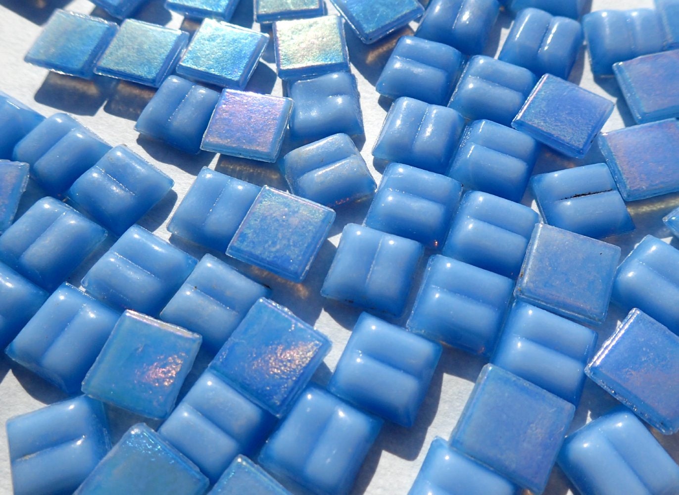 Sky Blue Iridescent Venetian Glass Tiles - 1 cm - Mosaic Tiles - 100 grams