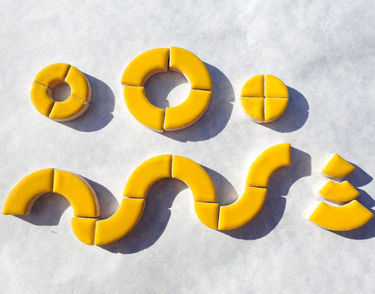 Lemon Yellow Bullseye Mosaic Tiles - 50g Ceramic Circle Parts in Mix of 3 Sizes