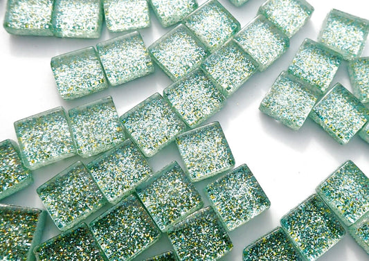 Jungle Green Glitter Tiles - 1 cm - 100g - Over 100 Metallic Small Glass Mosaic Tiles in Pale Green