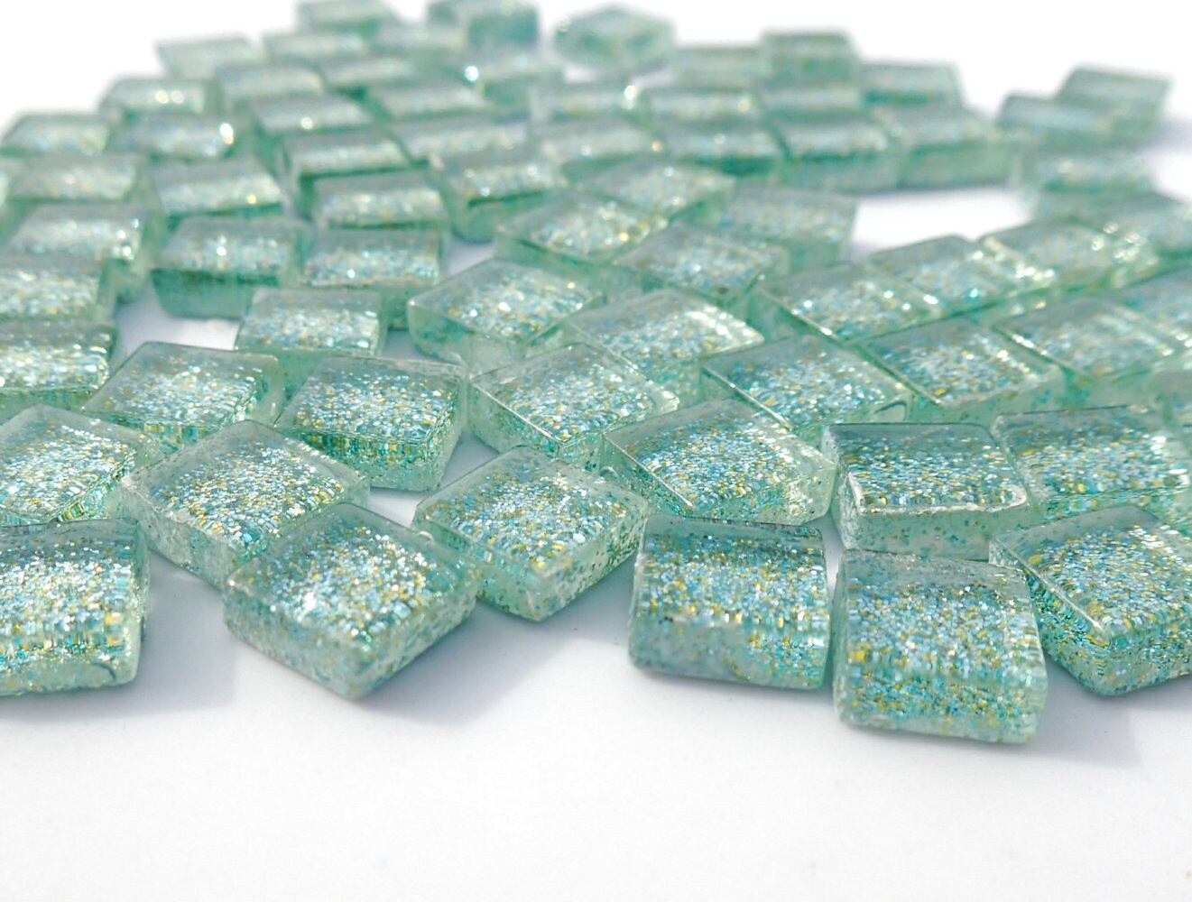 Jungle Green Glitter Tiles - 1 cm - 100g - Over 100 Metallic Small Glass Mosaic Tiles in Pale Green