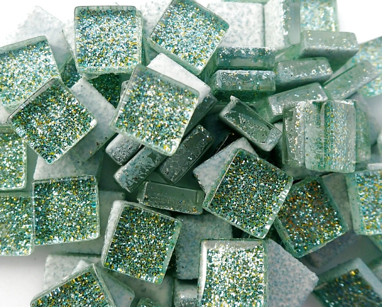 Jungle Green Glitter Tiles - 1 cm - 100g - Over 100 Metallic Small Glass Mosaic Tiles in Pale Green