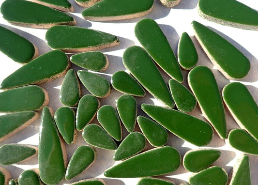 Deep Green Teardrop Mosaic Tiles - 50g Ceramic Petals in Mix of 2 Sizes 1/2" and 3/5" in Pesto