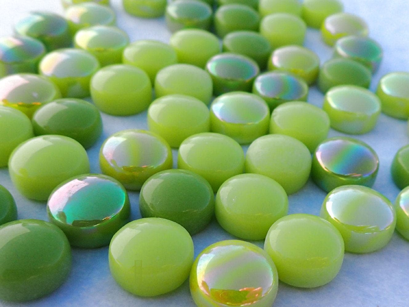 Spring Green Mix Glass Drops Mosaic Tiles - 100 grams - Mix of Gloss and Iridescent 12mm Glass Gems Light Green Yellow - Over 60