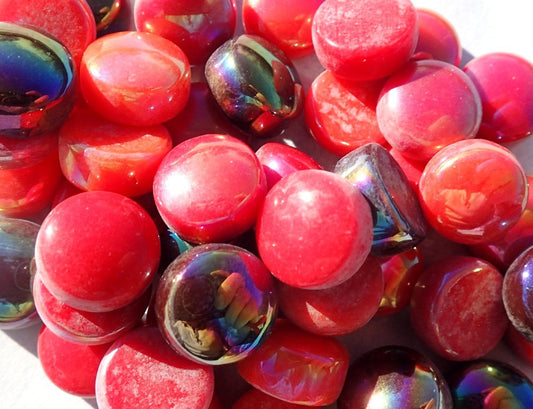 Red Mix Glass Drops Mosaic Tiles - 100 grams - Flat Marbles Mix of Gloss and Iridescent 12mm Glass Gems - Over 60 Tiles