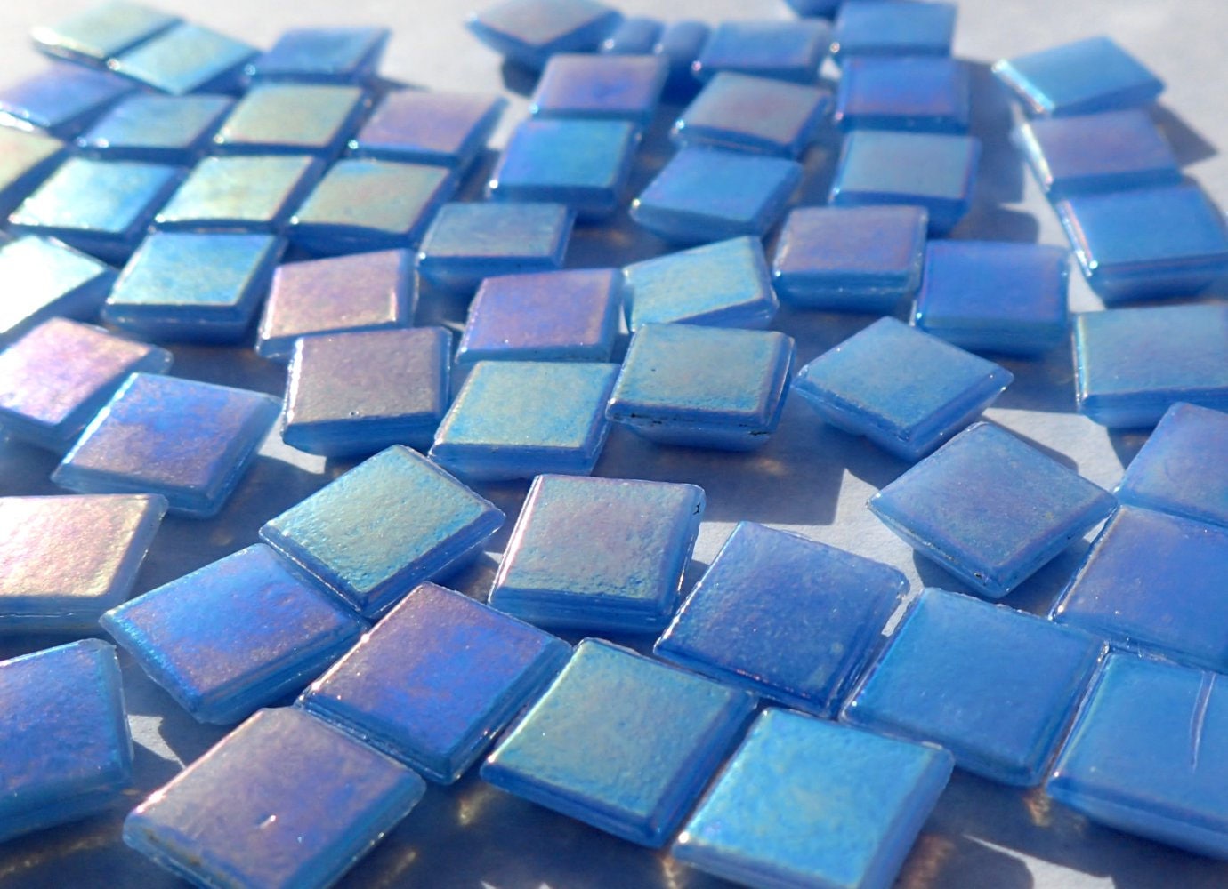 Sky Blue Iridescent Venetian Glass Tiles - 1 cm - Mosaic Tiles - 100 grams