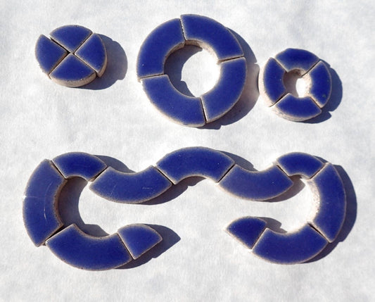 Denim Blue Bullseye Mosaic Tiles - 50g Ceramic Circle Parts in Mix of 3 Sizes in Delphinium