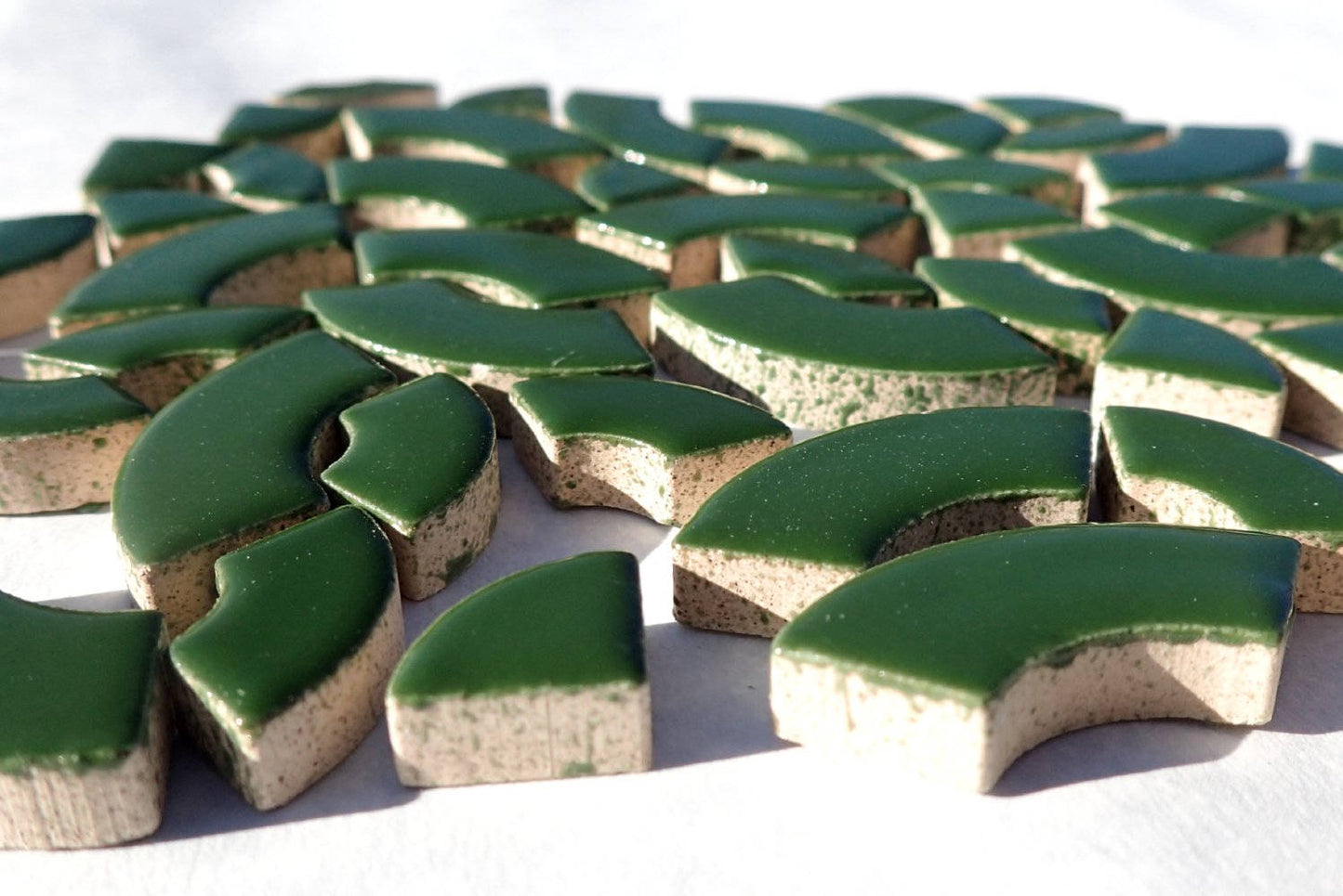 Deep Green Bullseye Mosaic Tiles - 50g Ceramic Circle Parts in Mix of 3 Sizes in Pesto