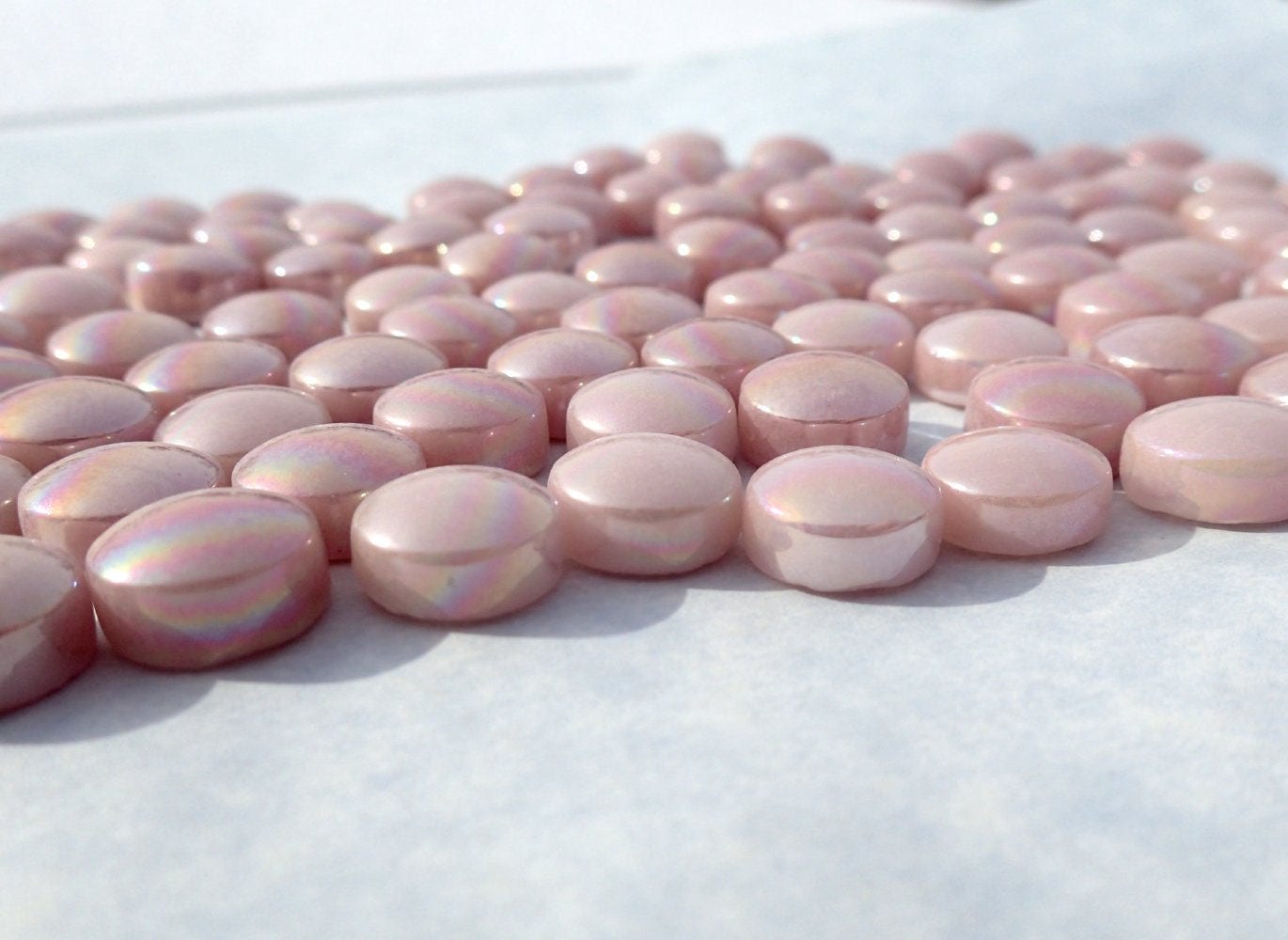 Pale Pink Iridescent Glass Drops Mosaic Tiles - 100 grams Glass Gems - Over 60 Tiles