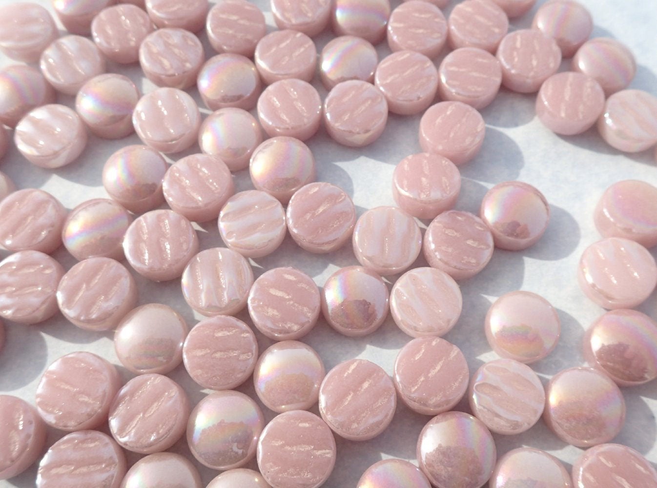 Pale Pink Iridescent Glass Drops Mosaic Tiles - 100 grams Glass Gems - Over 60 Tiles