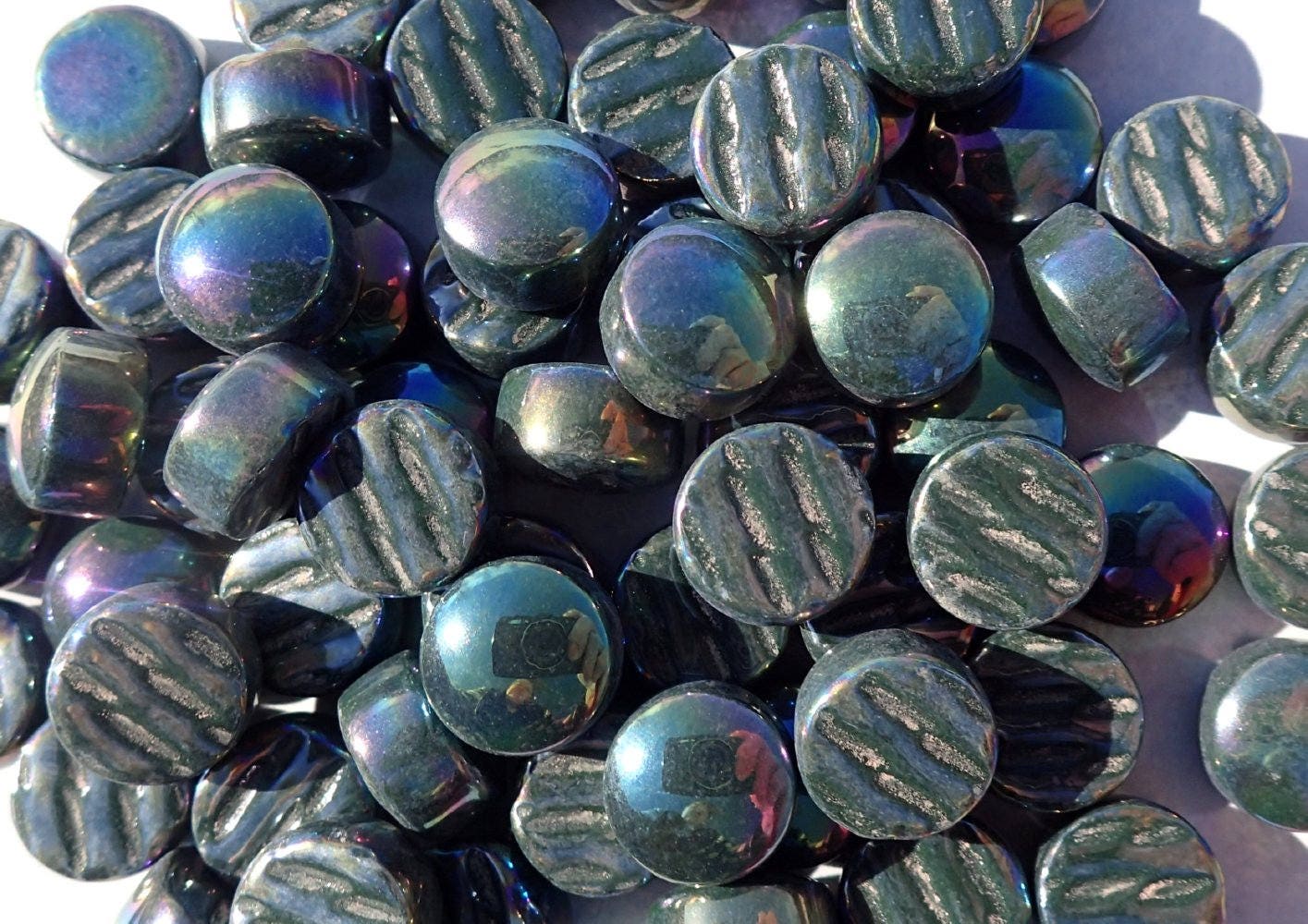 Dark Green Iridescent Glass Gems - 100 grams - 12mm