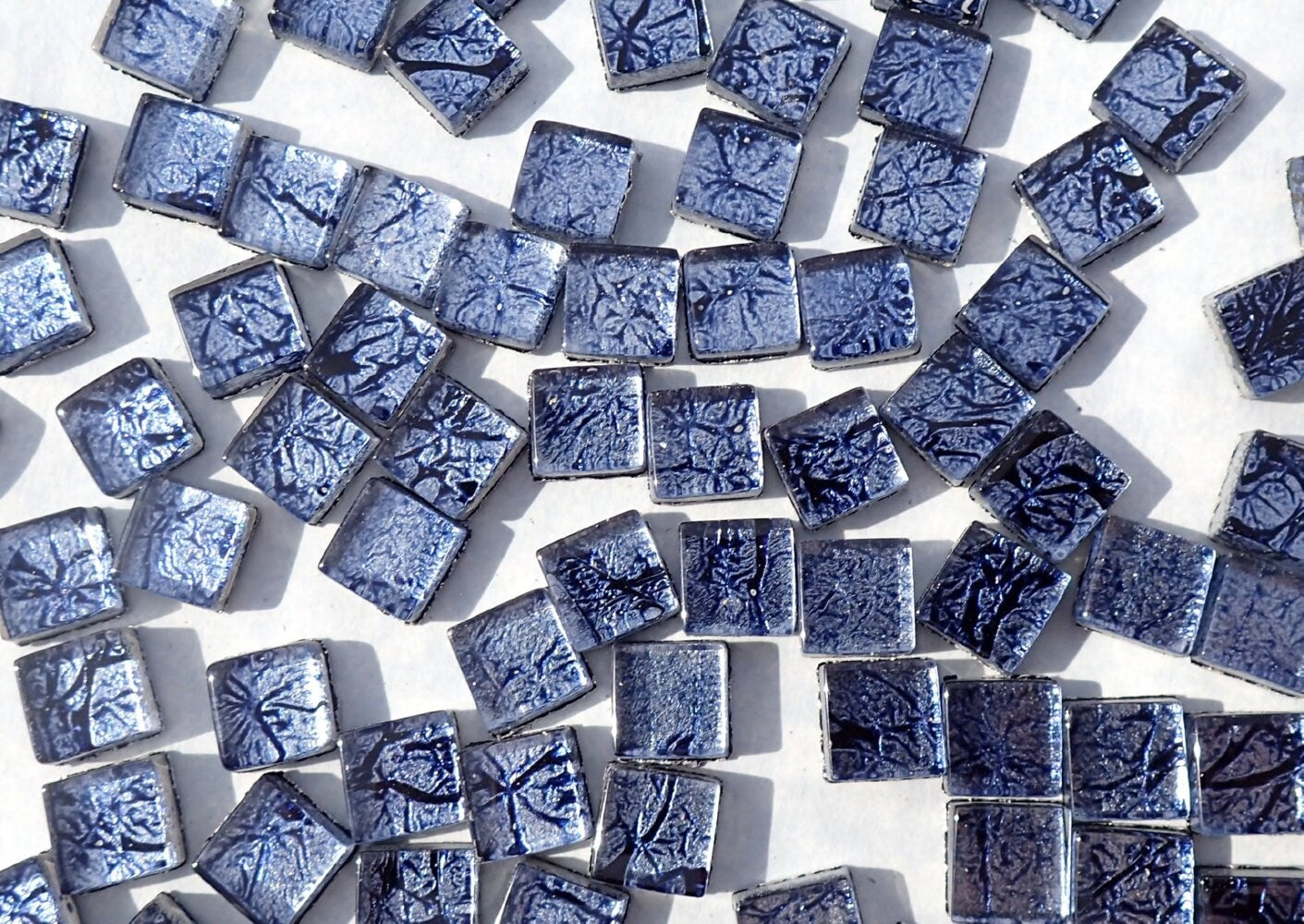 Midnight Blue Foil Square Crystal Tiles - 10mm - 50g Metallic Glass Tiles in Dark Blue - Approx 50 Tiles