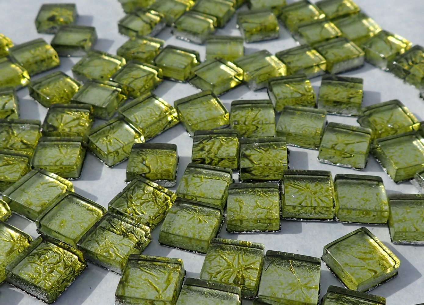 Green Foil Square Crystal Tiles - 10mm - 50g Metallic Glass Tiles in Chartreuse - Approx 50 Tiles