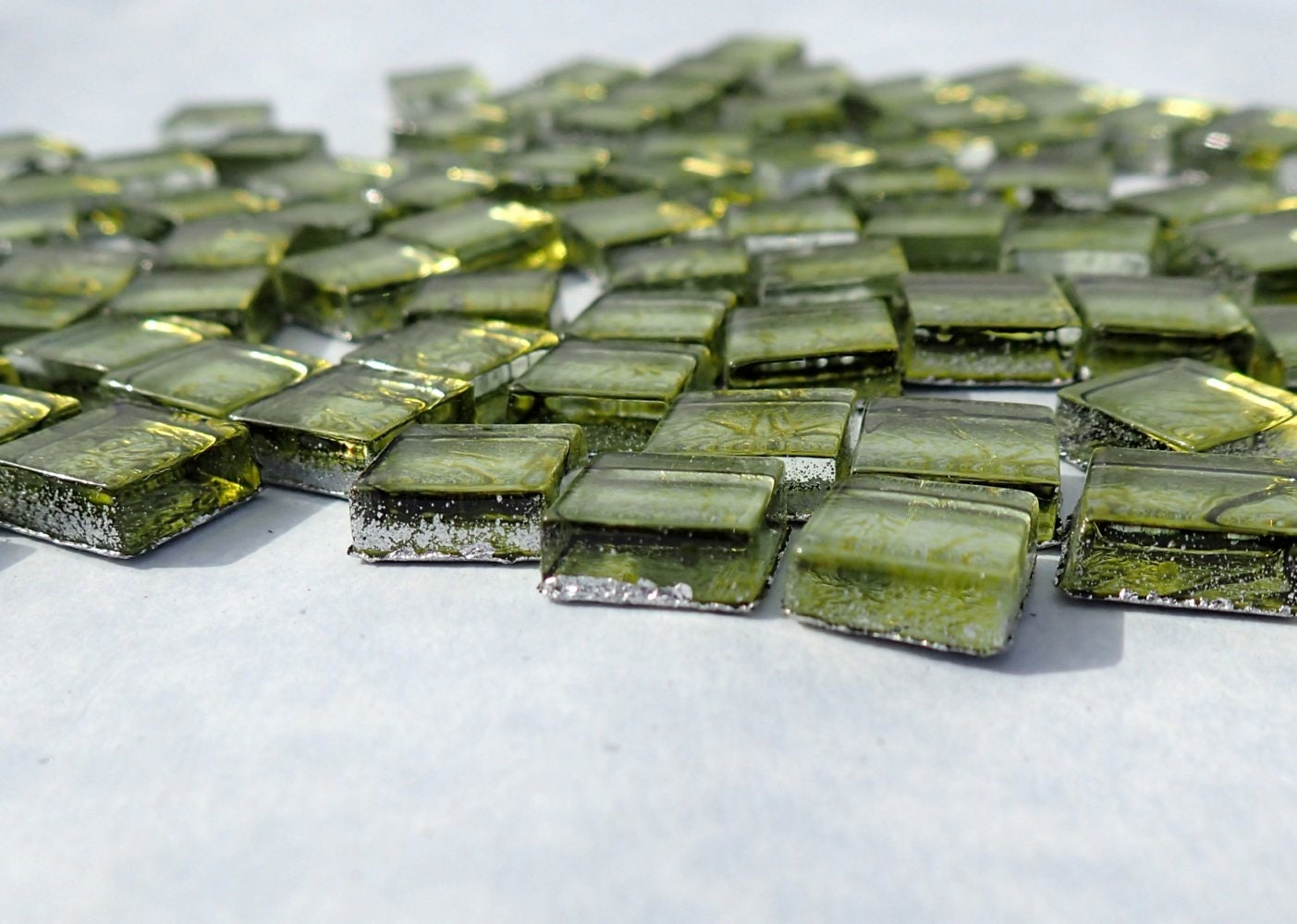 Green Foil Square Crystal Tiles - 10mm - 50g Metallic Glass Tiles in Chartreuse - Approx 50 Tiles