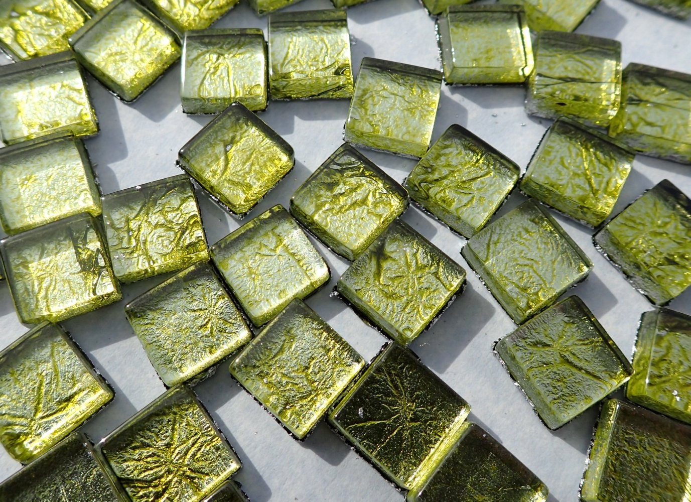 Green Foil Square Crystal Tiles - 10mm - 50g Metallic Glass Tiles in Chartreuse - Approx 50 Tiles