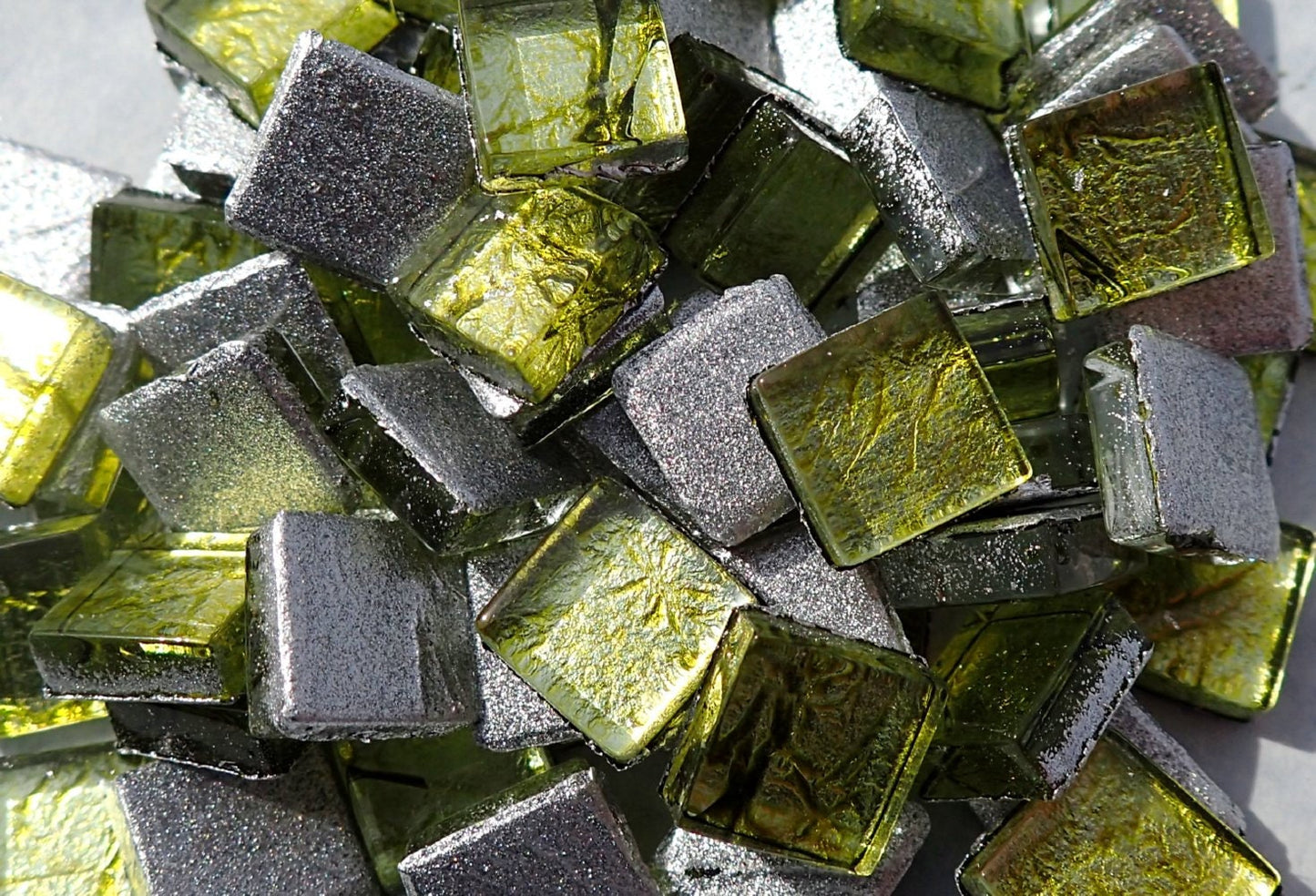 Green Foil Square Crystal Tiles - 10mm - 50g Metallic Glass Tiles in Chartreuse - Approx 50 Tiles