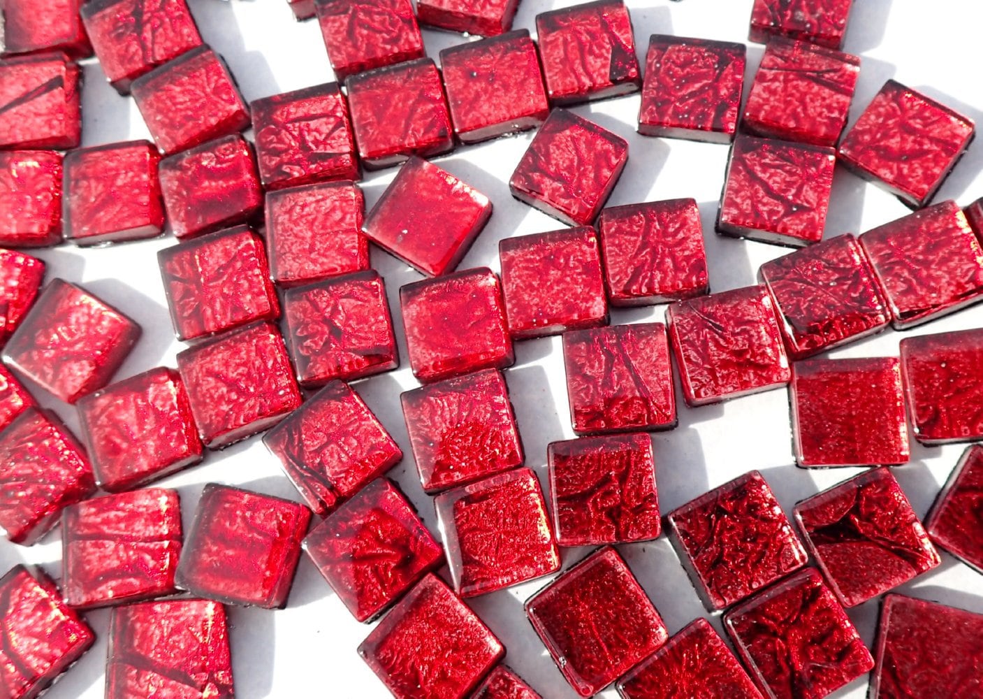 Red Foil Mini Square Crystal Tiles - 10mm - 50g Metallic Glass Tiles in Garnet - Approx 50 Tiles