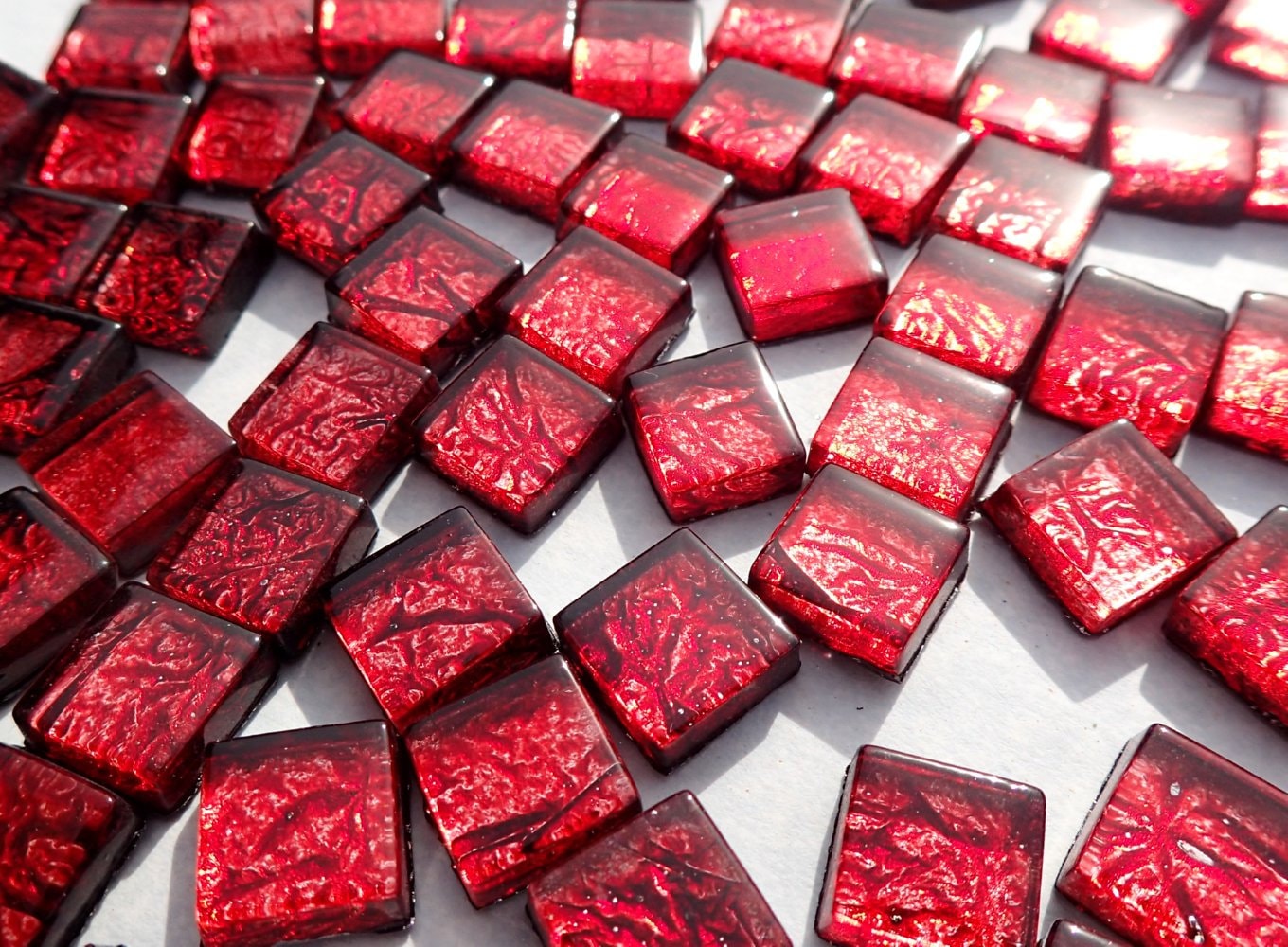 Red Foil Mini Square Crystal Tiles - 10mm - 50g Metallic Glass Tiles in Garnet - Approx 50 Tiles