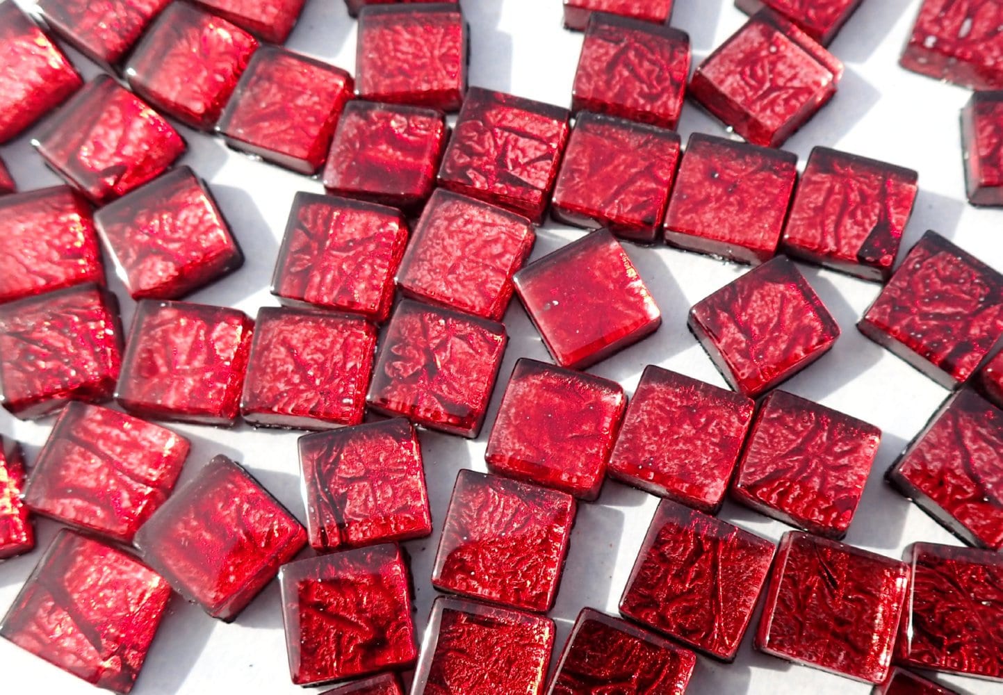Red Foil Mini Square Crystal Tiles - 10mm - 50g Metallic Glass Tiles in Garnet - Approx 50 Tiles