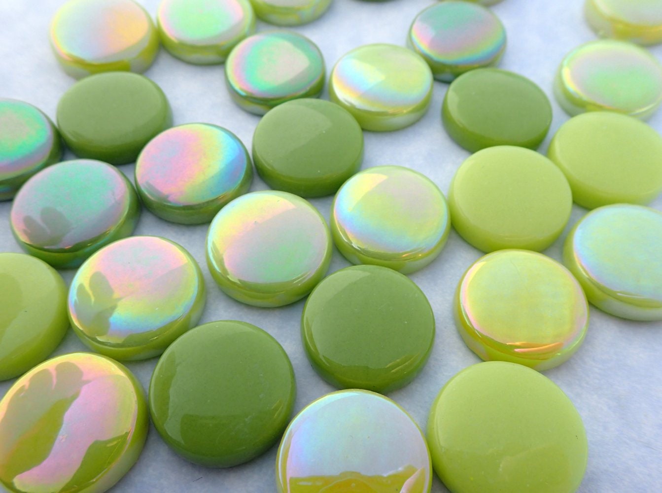 Spring Green Mix Large Glass Drops Mosaic Tiles - 100 grams - 20mm Mix of Gloss and Iridescent Glass Gems - Approx 20 Tiles
