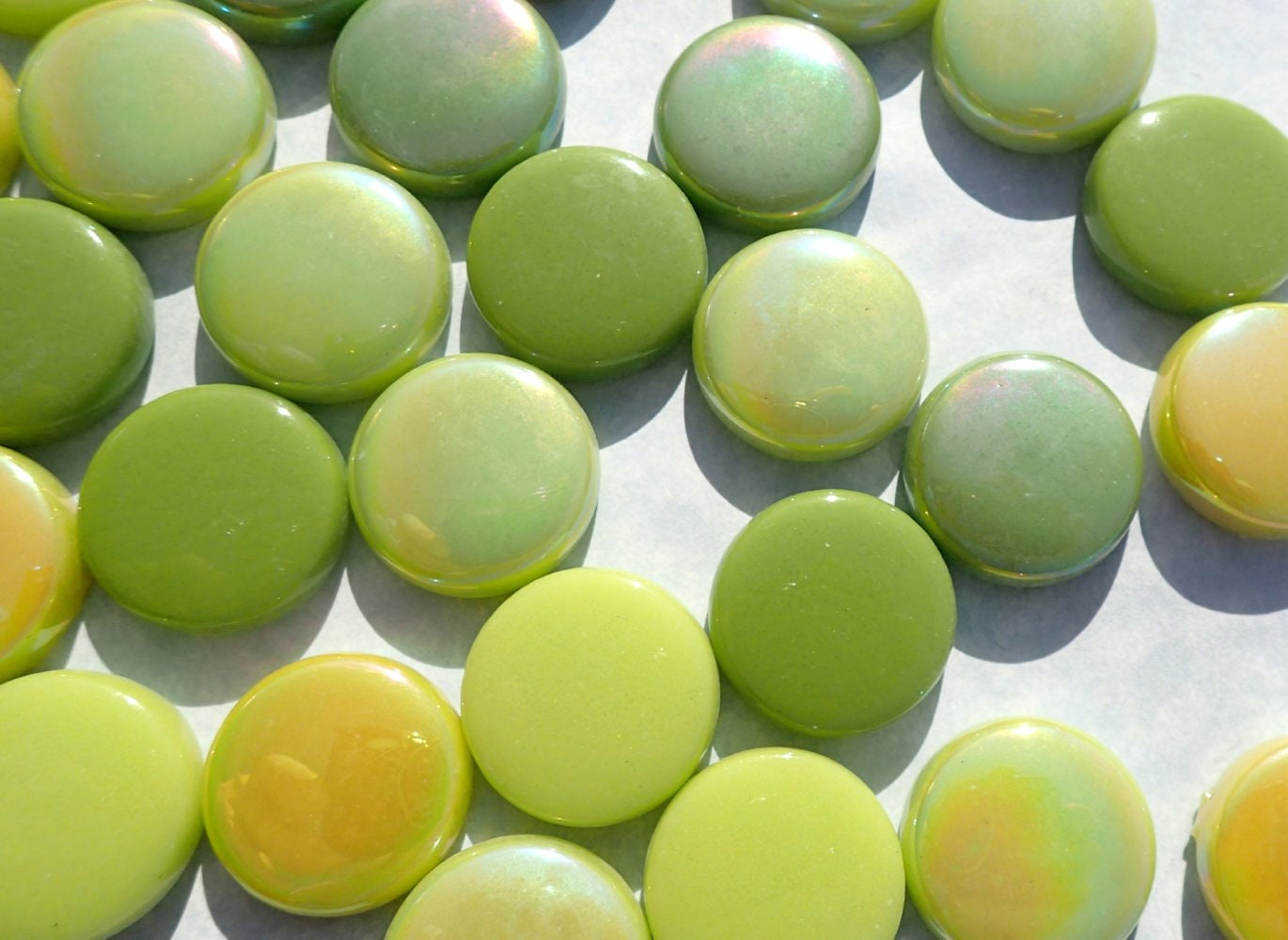 Spring Green Mix Large Glass Drops Mosaic Tiles - 100 grams - 20mm Mix of Gloss and Iridescent Glass Gems - Approx 20 Tiles