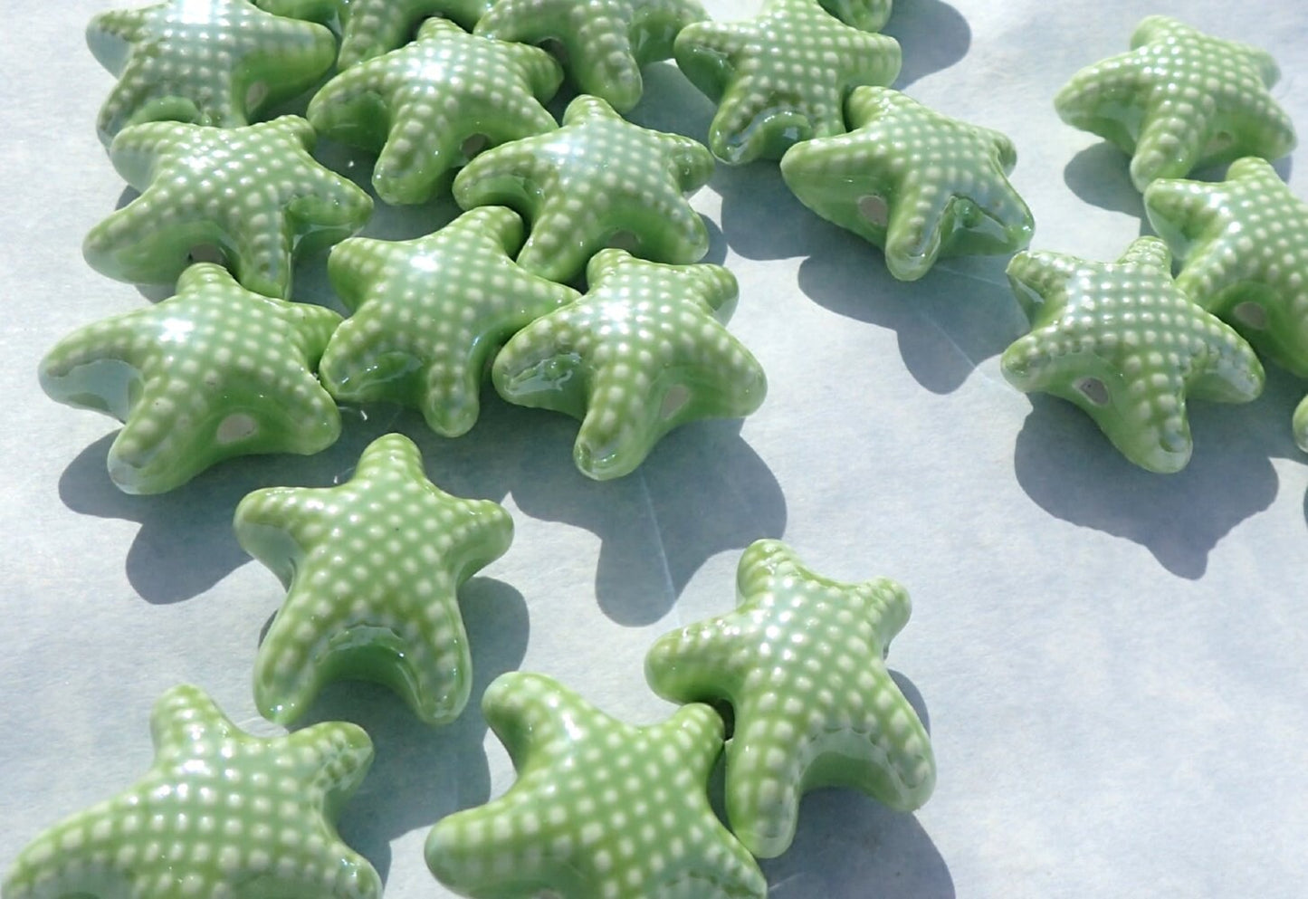 Lime Green Starfish Beads - Ceramic Mosaic Tiles - 10 Puffy Sea Star Beads