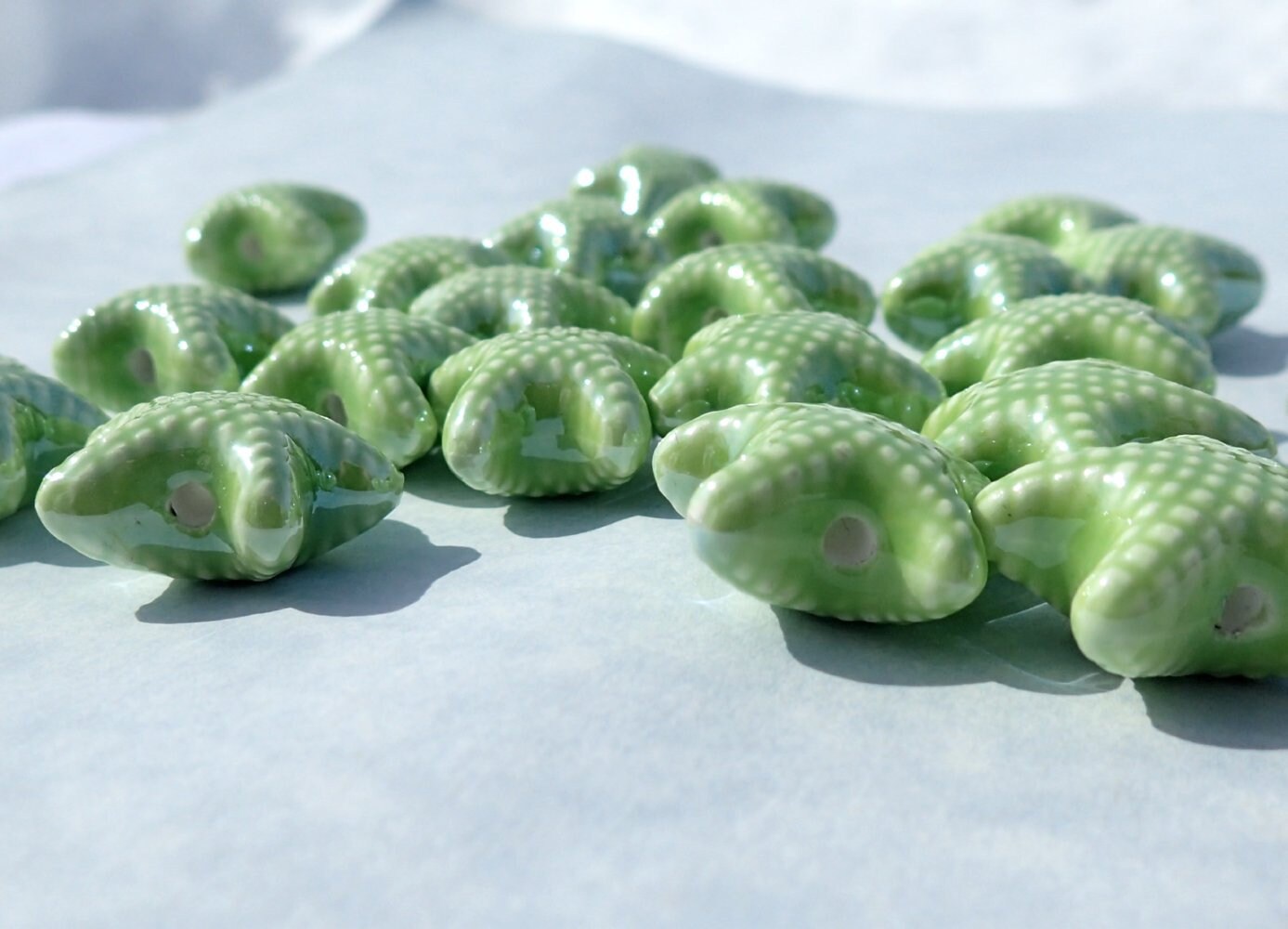 Lime Green Starfish Beads - Ceramic Mosaic Tiles - 10 Puffy Sea Star Beads