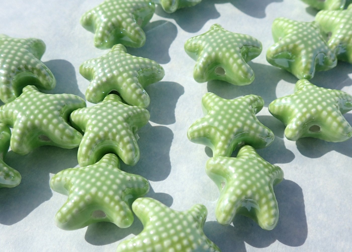 Lime Green Starfish Beads - Ceramic Mosaic Tiles - 10 Puffy Sea Star Beads