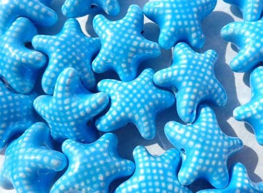 Light Blue Starfish Beads - Ceramic Mosaic Tiles - 10 Puffy Beads - Sea Stars