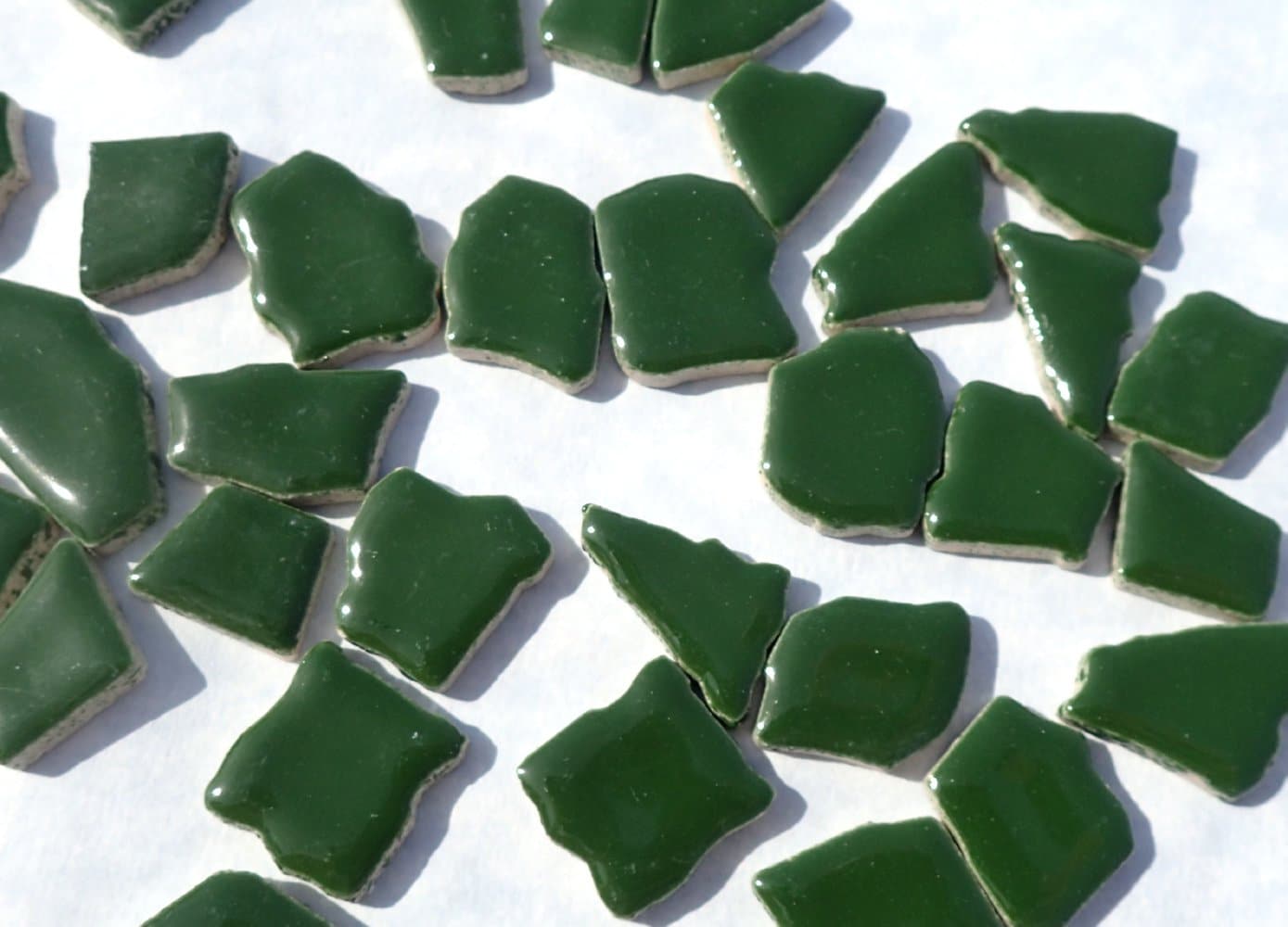 Dark Green Mosaic Ceramic Tiles - Jigsaw Puzzle Shaped Pieces - Half Pound - Assorted Sizes Random Shapes in Pesto