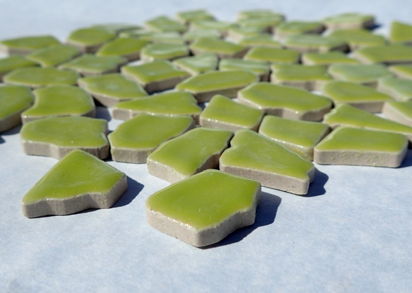 Kiwi Green Mosaic Ceramic Tiles - Jigsaw Puzzle Shaped Pieces - Half Pound - Assorted Sizes Random Shapes