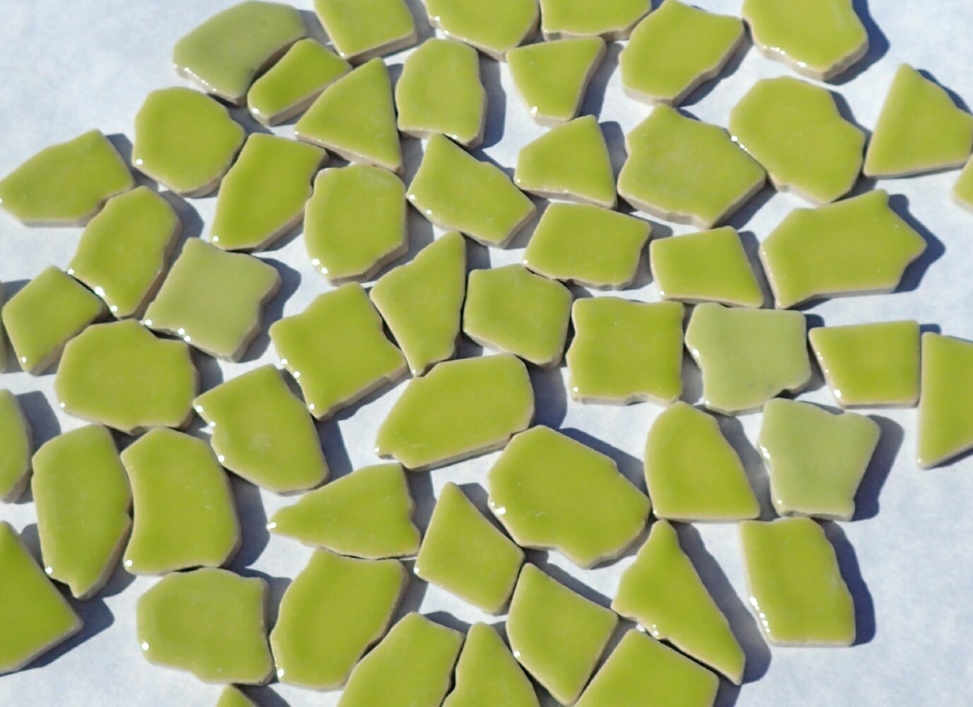 Kiwi Green Mosaic Ceramic Tiles - Jigsaw Puzzle Shaped Pieces - Half Pound - Assorted Sizes Random Shapes