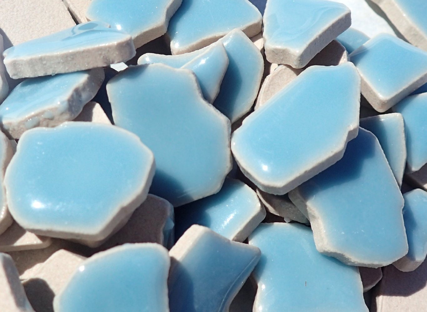 Light Blue Mosaic Ceramic Tiles - Jigsaw Puzzle Shaped Pieces - Half Pound - Assorted Sizes Random Shapes - Azure