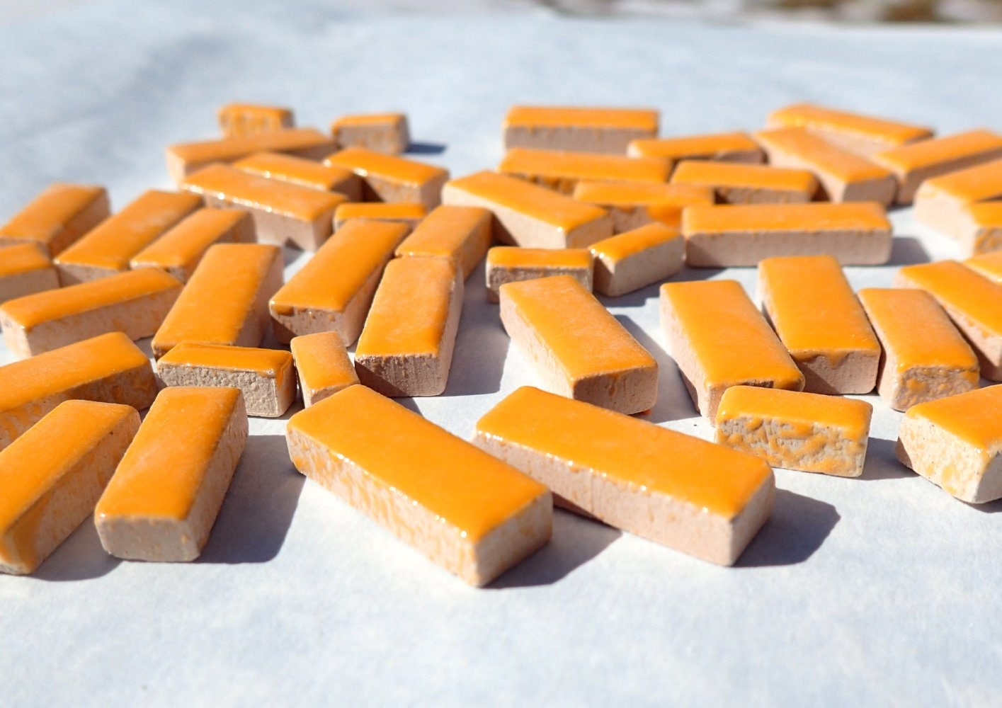 Ochre Mini Rectangles Mosaic Tiles - 50g Ceramic in Mix of 3 Sizes 3/8" and 5/8" and 3/4" in Curry